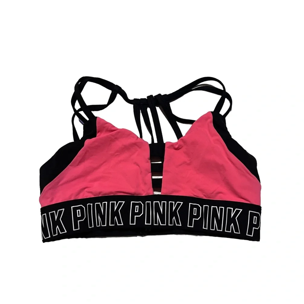 PINK Victorias Secret Ultimate Pull On Black Hot Pink Wireless Sports Bra Size S